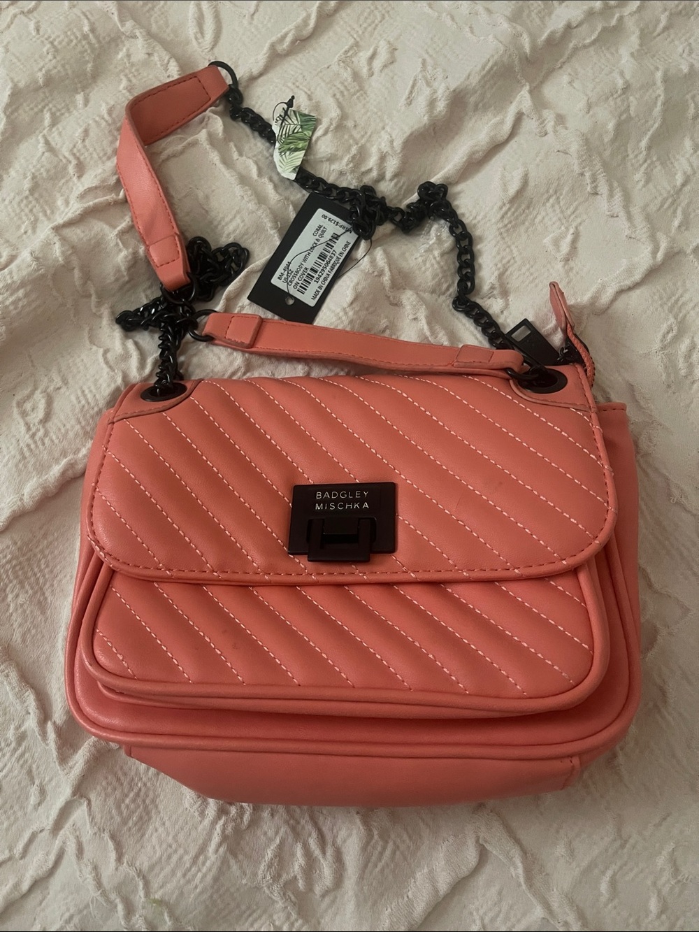 Badgley Mischka Coral Pink Quilted Shoulder Bag with Black Chain